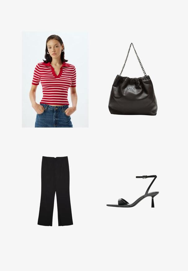 Röd och vit randig kortärmad ribbad polo t-shirt med V-krage och en enfärgad röd krage, tillsammans med högmidjade jeans i denim.; Svarta byxor med rak passform, utrustade med framfickor och sidoklyvningar vid fållen. Tillverkade av mjukt, slätt tyg. Lämpliga för olika tillfällen.; Bershka Sandaletter - black; Brun läderväska med rynkad topp och kedjesnodd. Slät textur med en blankslipad yta och subtila sömdetaljer på sidorna.