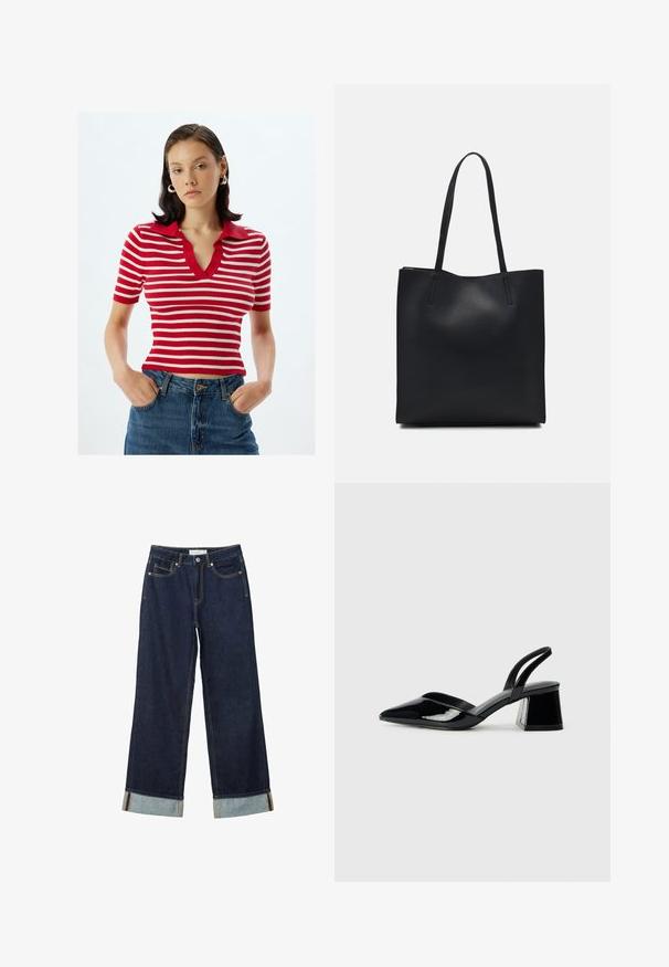 Rød og hvid stribet kortærmet ribbet polo skjorte med V-hals og en ensfarvet rød krave, kombineret med højtsiddende denim jeans.; Mørkeblå vide jeans med højt talje, med opfoldede vamsser, kontrastsyning og fem-lommers design. Lavet af denim stof.; Sorte patentlæder slingback hæle med spids tå og en geometrisk blok hæl. Har et elegant, minimalistisk design og en glat tekstur.; Sort læder tote taske med glat tekstur, rektangulær form og to lange hanke. Ingen synlig hardware eller udsmykninger.