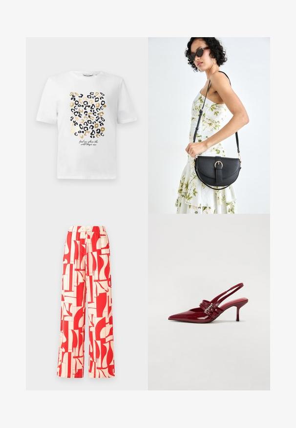 Bílý tričko s leopardím potiskem v černé a zlaté barvě, obsahující textový detail "najdi mě tam, kde jsou divoké věci."; Červené široké kalhoty s vzorem, vybavené elastickým pasem, vyrobené z lehké tkaniny s abstraktními tvary v červené a krémové barvě.; Červené lakované kožené lodičky na podpatku s špičatou špičkou, dvěma přezkami a štíhlým, středně vysokým jehlovým podpatkem. Hladký povrch.; Černá kožená kabelka s křivkovým tvarem, odnímatelným popruhem a zlatými detaily. Kabelka má klopu s přezkou.