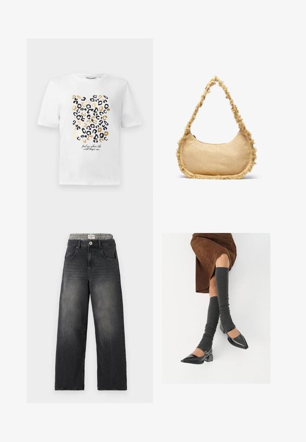 Valkoinen t-paita, jossa on musta ja kultainen leopardikuvio, ja teksti, joka kuuluu: "löydä minut sieltä, missä villit asiat ovat."; Mustat farkut leveillä lahkeilla, joissa on houndstooth-kuvioitu vyötärö. Ominaisuuksiin kuuluu etutaskut ja nappikiinnitys. Kuluneet yksityiskohdat.; Musta lakattu nahkakengät teräväkärkisillä, leveällä kantapäällä ja nilkkahihnalla, yhdistettynä harmaisiin ribattuihin säärystimiin ja ruskeaan mokkasiinimekkoon.; Beige laukku, jossa on pyöreä muoto, repsottavat reunat ja lyhyt kantokahva. Vetoketjullinen avaus ylhäällä.