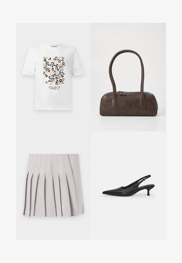 Balta T-kreksa ar leopardu rakstu melnā un zelta krāsā, kurā ir teksts "atrodi mani tur, kur ir savvaļas lietas."; Pelēka pleitota svārku ar gludu tekstūru, kas piedāvā vairākus vertikālus savilkumus un pieguļošu jostasvietu. Izgatavots no viegla auduma.; Melnas ādas slīdošās kurpes ar norādītu pirkstu un šauru, izliekta papēdi. Ar diskrētu regulējamu siksniņu ar metāla sprādzi.; Brūna ādas rokassoma ar divām izturīgām rokturām, taisnstūra forma, gluda tekstūra un ar rāvējslēdzēju. Minimālisma dizains bez redzamām rakstzīmēm.