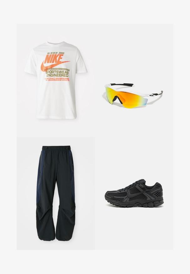 Hvit bomulls t-skjorte med en stor oransje "NIKE" logo og grønn tekst som sier "SPORTSWEAR ENGINEERED" samt ekstra spesifikasjoner.; Sorte utendørsbukser med en avslappet passform, med elastisk midje, marineblå sidepaneler og glidelåslommer på begge sider.; Sorte atletiske sko med mesh-overdel, gummisåle og teksturerte detaljer. Designet inkluderer uttalt snøringssystem og polstret såle.; Hvite sports solbriller med en buet design, svarte gummidetaljer og et speilrøde-oransje linse som går over til blå.