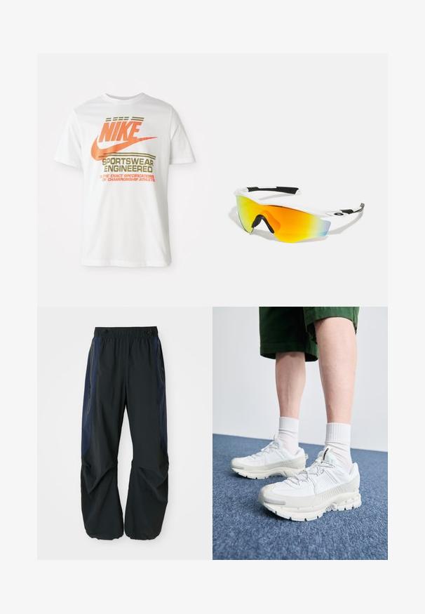 Bílý bavlněný trikotu s velkým oranžovým logem "NIKE" a zeleným textem, který zní "SPORTSWEAR ENGINEERED" a dalšími specifikacemi.; Černé venkovní kalhoty s uvolněným střihem, které mají elastický pas, tmavě modré boční panely a zipové kapsy na obou stranách.; Bílé sportovní boty s texturovanými překryvy, masivní podrážkou a šedými akcenty. Na nohou mají bílé ponožky a zelené šortky na modrém povrchu.; Bílé sportovní sluneční brýle s zakřiveným designem, černými gumovými akcenty a zrcadlovými oranžovo-žlutými skly, která přecházejí do modré.