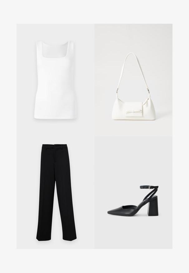 White sleeveless tank top with a square neckline, made of smooth, stretchy fabric, featuring a fitted silhouette and no visible patterns or accents.; Black wide-leg trousers made of smooth fabric, featuring a classic waistband with a button closure and front pleats.; Black leather pointy-toe pump with an ankle strap and a chunky heel. Flat texture, sleek design, and minimalistic aesthetics.; White synthetic handbag with a triangular shape, flat front flap and bow detail, adjustable strap, smooth texture, and minimalistic design.