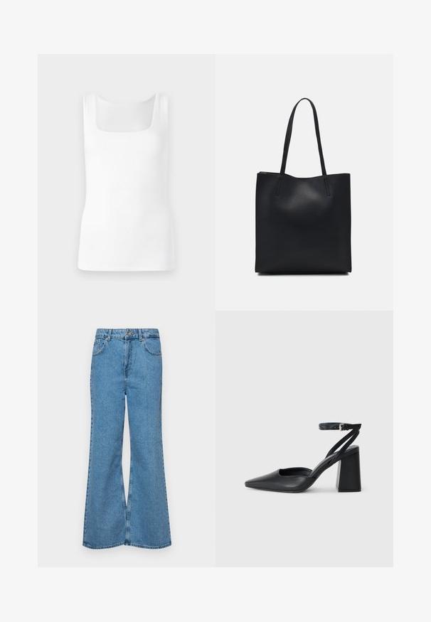 Top alb fără mâneci, cu un decolteu pătrat, fabricat dintr-un material neted și elastic, având o siluetă ajustată și fără modele sau accente vizibile.; Jeanși evazați de culoare albastru deschis, din denim, cu talie înaltă, cinci buzunare și închidere cu un singur buton. Textură moale cu un finisaj decolorat.; Pantofii cu toc ascuțit din piele neagră, cu breteaua pentru glezne și toc gros. Textură netedă, design elegant și estetică minimală.; Geantă tote neagră din piele, cu textură netedă, formă rectangulară și două mânere lungi. Fără hardware vizibil sau ornamente.