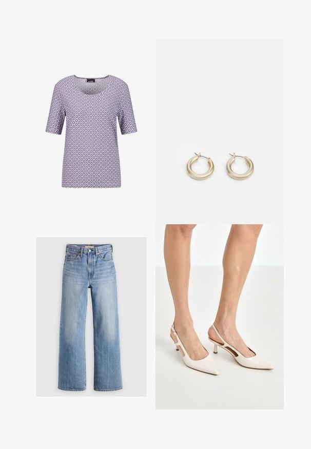 Short-sleeve purple T-shirt featuring a diamond pattern in white and dark purple, with a scoop neckline and soft, smooth fabric texture.; Light blue denim wide-leg jeans with a high waist, faded areas, five pockets, and contrast stitching. Classic button and zipper closure.; Beige patent leather slingback heels with a pointed toe and 5 cm heel, featuring cut-out sides and a thin ankle strap.; Lauren Ralph Lauren BASIC SMALL HOOP - Earrings - gold-coloured