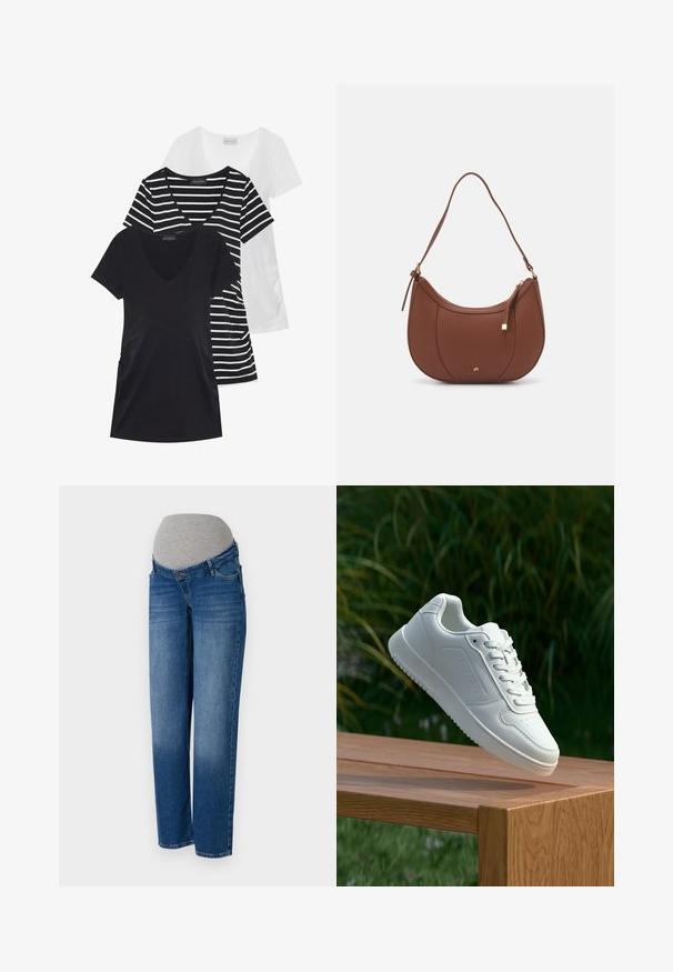 Trys marškiniai: vienas solidus juodas, vienas baltas, ir vienas su juodai baltais dryžiais. Visi su trumpomis rankovėmis ir v-kaklo dizainu.; Tėvystės džinsai tamsiai mėlynos džinsinės medžiagos, su siaurėjančiu siluetu, elastinga pilka juosta, priekinėmis kišenėmis ir išblukusia apatine dalimi.; Balti sneakeriai su lygia sintetine viršutine dalimi, perforuota pirštų zona, plokščiomis raištelėmis ir tekstūruotu padu, padėti ant medinės paviršiaus.; Ruda dirbtinės odos petinė piniginė su kreiva forma, minimalia siuvimo linija ir auksinės spalvos įranga. Yra užtrauktuko uždarymas viršuje ir reguliuojama petneša.