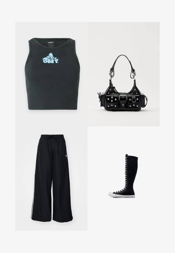 Top corto in cotone nero a costine con un logo grafico blu chiaro centrato sul petto. Design senza maniche con scollo rotondo.; Pantaloni neri a gamba larga realizzati in tessuto leggero. Presentano una vita elastica con cordoncino e strisce bianche sui lati. Logo del marchio sull'anca.; Sneakers nere alte con un design slanciato, realizzate in tela. Presentano lacci bianchi, cuciture e una suola in gomma con punta rinforzata.; Borsa a mano in pelle nera con design curvo, caratterizzata da borchie argentate, una fibbia e due tasche laterali. Tracolla regolabile per diverse opzioni di trasporto.