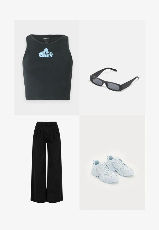 Črni rebrasti bombažni kratki top z lahkim modrim grafičnim logotipom, ki je nameščen na sredini prsnega dela. Brezrokavni dizajn z okroglim izrezom.; Črne široke hlače iz lahkega materiala, ki imajo gube spredaj, gumbasto zapiranje in čist zaključek pri robu.; Svijetloplave atletske cipele s mrežastim i sintetičkim gornjim dijelom, s bijelim točkicama i reflektirajućim detaljima, vezice, te jastučićima u unutrašnjosti.; Črne pravokotne sončna očala s temnimi lečami in debelimi mat okvirji. Ročaji so rahlo ukrivljeni in imajo gladko teksturo.