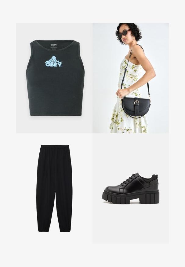 Sort ribbet bomulds crop top med et lyseblåt grafisk logo centreret på brystet. Uden ærmer med rund halsudskæring.; Sort, lette bukser med elastisk talje og sammenfoldede ankler. Stoffet er glat og har et afslappet, indsnævret design.; Sorte læder platform sko med en klodset blokhæl, rund tå og traditionelt snøredesign. Har en glat tekstur og minimal detaljering.; Sort læderhåndtaske med en buet form, aftagelig rem og guldfinish. Tasken har en klap med en spænde detalje.