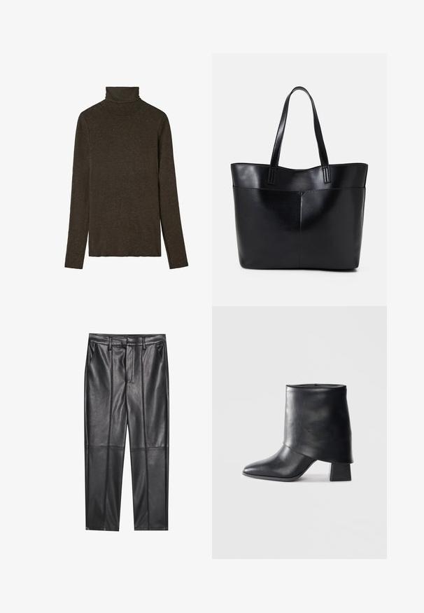 Mörkbrun polo-tröja gjord av mjukt, texturerat material. Har långa ärmar och en figurnära passform, med en slät halsringning.; Svarta läderbyxor med en slät textur, med rak passform, två framfickor och synliga sömdetaljer.; Svart läder ankelboot med spetsig tå, slät textur och en strukturerad blockklack. Har en hög, vikbar krage.; Svart läder tote-väska med två långa handtag, en slät yta och en strukturerad form. Har en framficka för extra förvaring.