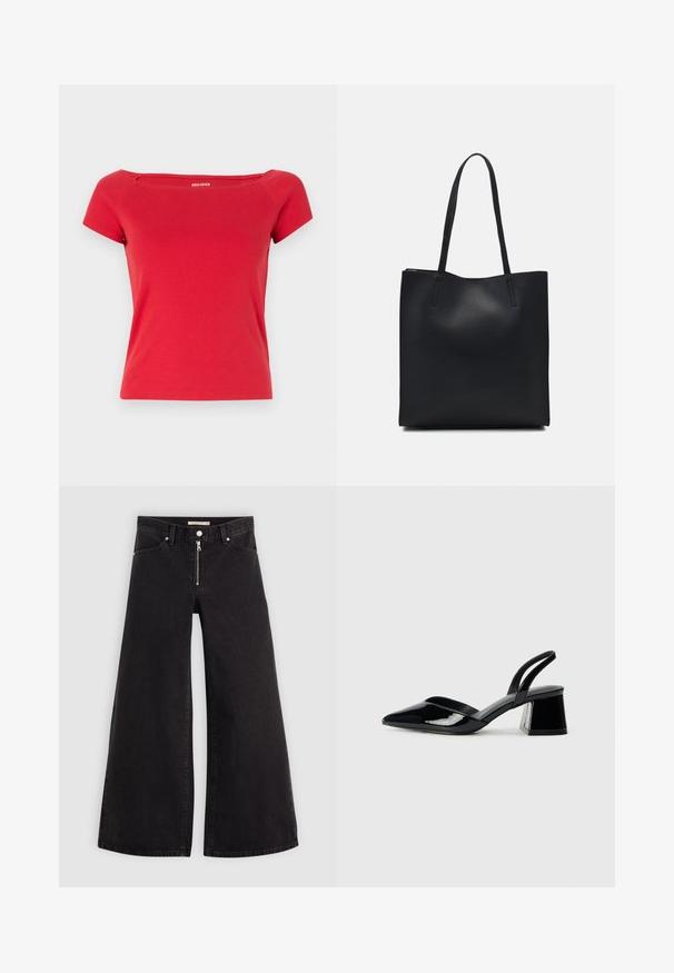 Raudona medvilninė marškinė su kvadrato formos iškirpte ir trumpomis rankovėmis, pasižyminti prigludusia siluetu ir subtiliu tekstiniu logotipu ant iškirptės.; Plačios kojų džinsai iš juodo džinsinio audinio su užtrauktuku priekyje, penkių kišenių dizainu ir subtiliais siuvinėjimo akcentais. Lygus paviršius ir laisvalaikio stilius.; Juodos lakuotos odinės šlepetės su smailiu pirštu ir geometriniu bloko kulnu. Turi elegantišką, minimalistinį dizainą ir lygų paviršių.; Juodas odinis tote krepšys su lygia tekstūra, stačiakampio formos ir dviem ilgais rankenomis. Matomų metalinių detalių ar puošybos nėra.