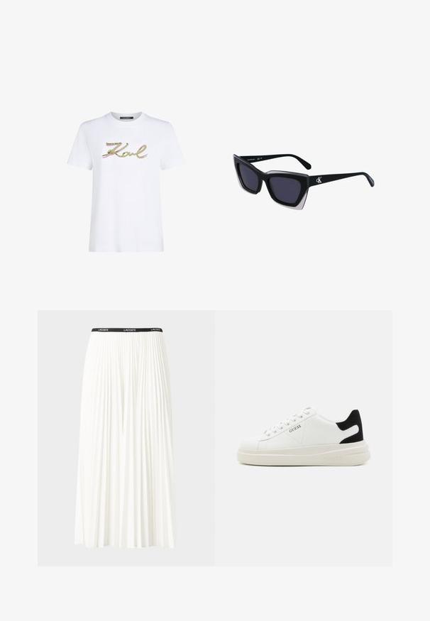 Balta medvilninė marškinėliai su „Karl“ žaliais ir rožiniais blizgučiais. Trumpomis rankovėmis ir apvaliu kaklu. Švarus, paprastas dizainas.; Pleated balta sijonas su juodu elastiniu juosmeniu, ant kurio yra "LACOSTE" logotipas. Vidutinio ilgio dizainas su švelnia tekstūra.; Baltos odinės sportbačiai su storu baltu padu, juodu nubuko kulno akcentu ir iškilmingu logotipu šone. Su raišteliais, turinčiais šešis akinius.; Juodos didelės saulės akinių su geometrine forma, turinčiais tamsius objektyvus ir kontrastingą pilką detalę ant rėmelio. Logotipas ant šalon.