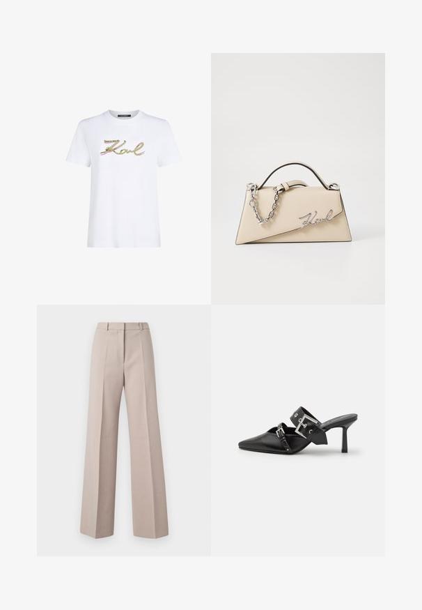 Hvid bomulds t-shirt med teksten "Karl" i grøn og lyserøde palietter. Korte ærmer og rund halsudskæring. Rent, enkelt design.; Beige vide bukser lavet af et glat stof, med høj talje, forkantede folder og en skræddersyet silhuet.; Sorte højhælede mules med spids tå, lavet af glat læder. Har et bredt ankelrem med en firkantet sølv spænde og nitter.; Beige læderhåndtaske med en struktureret, trekantet form, der har et sølvfarvet kædehåndtag og et kursivlogo i metal.