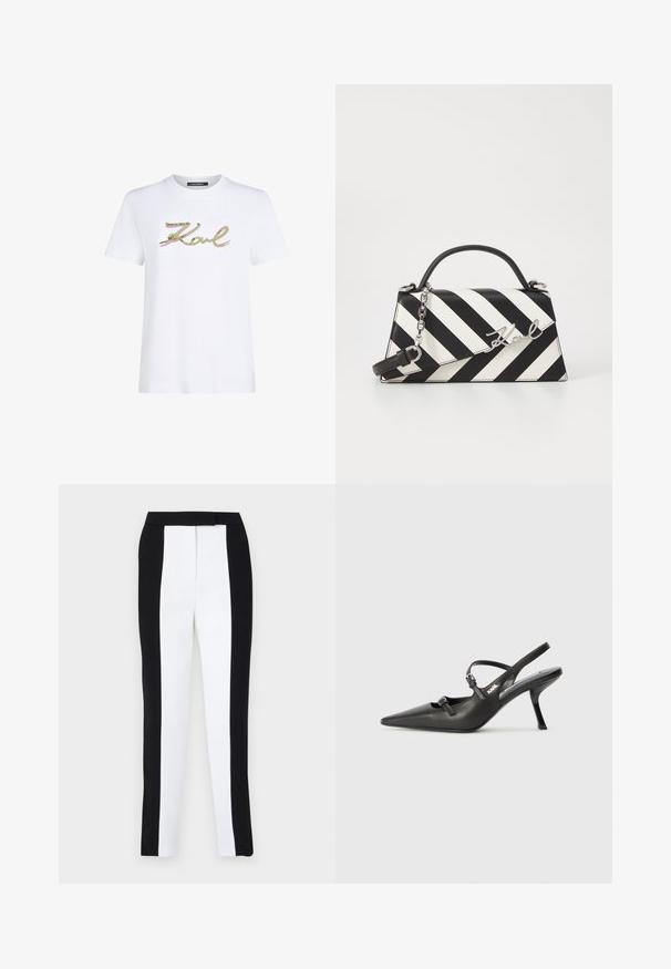 Bílý bavlněný tričko s nápisem "Karl" ve zlaté a růžové flitrové aplikaci. Krátké rukávy a kulatý výstřih. Čistý, jednoduchý design.; Černé a bílé zúžené kalhoty v slim fit střihu s kontrastními panely. Materiál má hladkou texturu; pas je plochý a upnutý.; Černé kožené lodičky na boku s špičatou špičkou, štíhlým podpatkem a dekorativní přezkou na nártu. Hladká textura a elegantní design.; Černo-bílá pruhovaná kabelka se strukturovaným tvarem, vybavená horní rukojetí, odnímatelným řetízkem a kovovým logem.