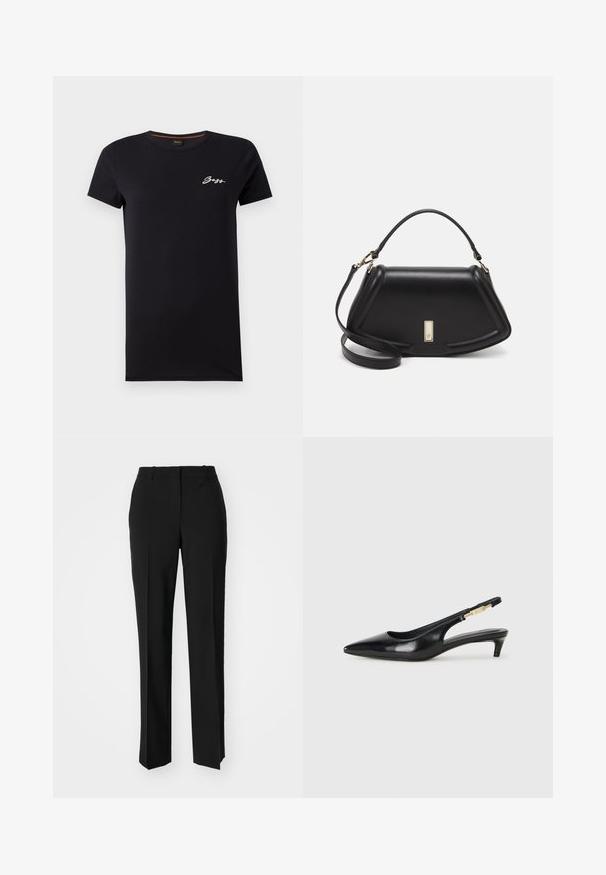 Μαύρο κοντομάνικο μπλουζάκι από βαμβάκι με στρογγυλή λαιμόκοψη και λευκό κεντημένο λογότυπο στο αριστερό στήθος. Λείος υφάσμά.; Μαύρο παντελόνι με ραφή που έχει σχεδιασμό ίσιας γραμμής, διαθέτει λεία υφή και καθαρές πτυχώσεις κατά μήκος της μπροστινής πλευράς. Χωρίς ορατό μεταλλικό υλικό.; Μαύρες δερμάτινες γόβες slingback με μυτερή μύτη, διαθέτοντας λεπτό τακούνι και χρυσή λεπτομέρεια στην ρυθμιζόμενη λωρίδα. Λείος υφές.; Μαύρη δερμάτινη τσάντα με δομημένο σχέδιο, που διαθέτει κομμένο σχήμα, επάνω λαβή και χρυσά μεταλλικά στοιχεία. Περιλαμβάνει ρυθμιζόμενο λουρί ώμου.