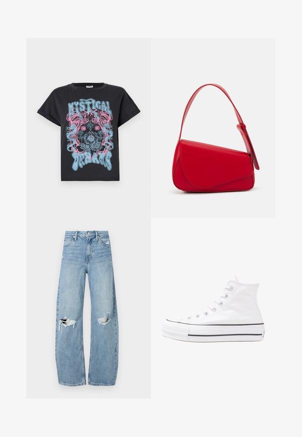 Černé bavlněné tričko s volným střihem, které má barevný grafický potisk v modrých a růžových barvách se slovem "Mystické sny" a květinovými motivy.; Světle modré džíny s vysokým pasem vyrobené z denimu. Mají široké nohavice, dvě roztržené oblasti na kolenou a klasický pětikapsový střih.; Bílé vysoké plátěné tenisky s černou gumovou podrážkou, přední gumovou špičkou a šesti očky na tkaničky, se čistým, minimalistickým designem.; Červená kožená kabelka s ostrým, geometrickým designem. Má jeden nastavitelný popruh a klopu s prošívanými detaily.