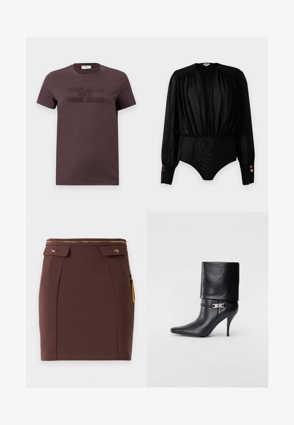 Dark purple cotton t-shirt with short sleeves, featuring a textured logo design in the center. Round crew neck and soft fabric.; Black long-sleeve bodysuit with gathered deep V-neck, puffed shoulders, wide cuffs with three metallic buttons, and fitted bottom section.; Brown fitted mini skirt with gold chain belt, decorative buttoned flaps, and gold tassel detail on a plain background.; Black leather ankle boot with a pointed toe, high stiletto heel, fold-over cuff, and a gold decorative buckle detail on the ankle.