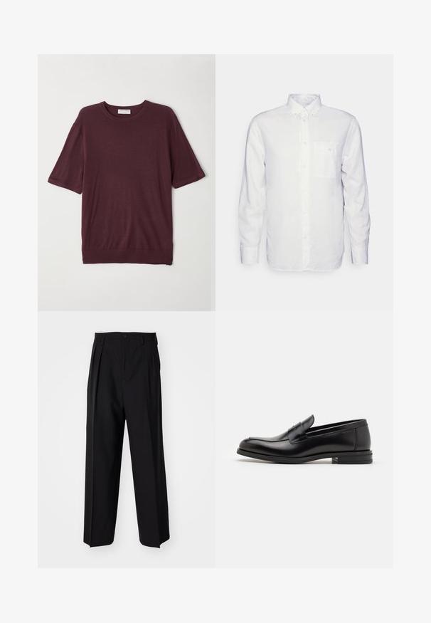 Bordeaux kortærmet t-shirt lavet af blødt stof; har en rund hals og en afslappet pasform med lige afslutning. Enkel design uden mønstre.; Langærmet hvid skjorte lavet af bomuld, med en knap-down krave, brystlomme og almindelig pasform. Struktureret stof med en glat overflade.; Sorte plisserede bukser med et lige, bred ben-design. Fremstillet af glat stof, med en knaplukning og bæltesløjfer.; Sorte læderloafers med en glat overflade, rund tå og en dekorativ strop over vampen. Lav hæl med stabeldesign, minimalistisk stil.