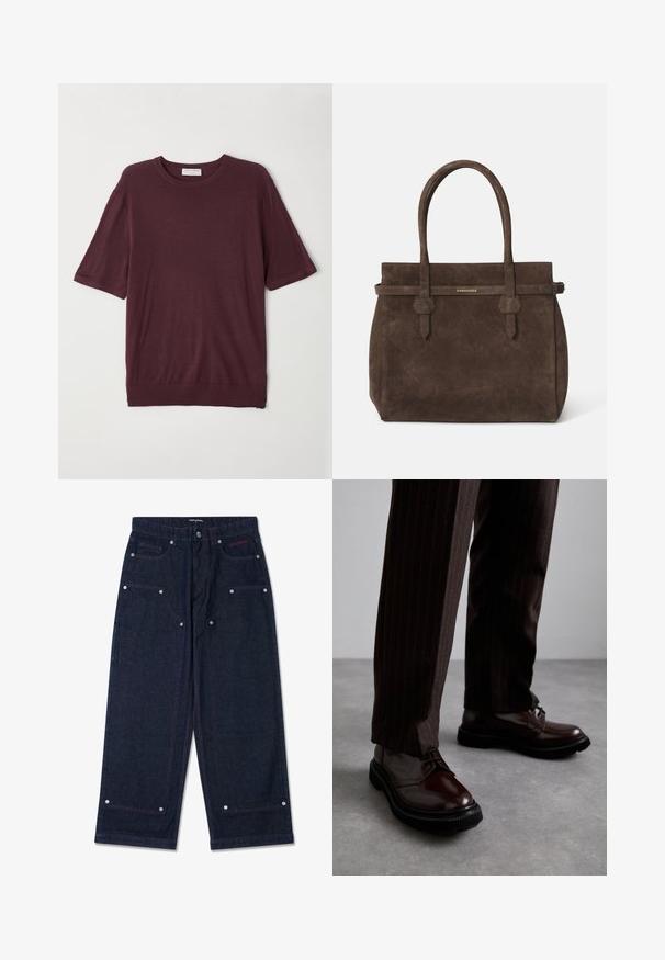 Burgundy színű, rövid ujjú póló, puha anyagból készült; környakú és lazán illeszkedő fazonú, egyenes aljjal. Egyszerű, mintázat nélküli dizájn.; Sötét farmert colorú, széles lábú nadrág, két elülső zsebbel, ezüst színű részletekkel és kontrasztos piros varrással. Gombos záródással és márka logóval rendelkezik.; Barna bőrből készült, fényezett felületű, fűzős cipők, fekete gumitalppal és diszkrét varrásokkal. Csíkos barna nadrággal viselve.; Sötétbarna velúr tote táska dupla fogantyúval és vízszintes pánttal, melyen egy kis arany DSQUARED2 logo tábla található.