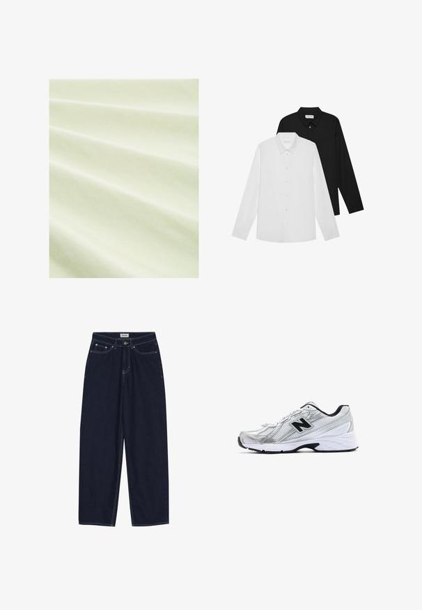 Lyst grøn stof med en glat tekstur, der viser lav dybde i folderne. Materialet ser let og let reflekterende ud under blødt lys.; Hvide og sorte langærmede skjorter med spidse kraver, frontknapper og en glat stoftekstur. Mærker synlige på indersiden af kraven.; Mørkeblå denim bukser med bred benvidde, kontrastsyning, forlommer og knaplukning. Ren, lige snit uden forskønnelser.; Sølv atletisk sko med mesh-materiale, sorte accenter, perforeret design og en polstret hvid sål. Har et fremtrædende 'N' logo.