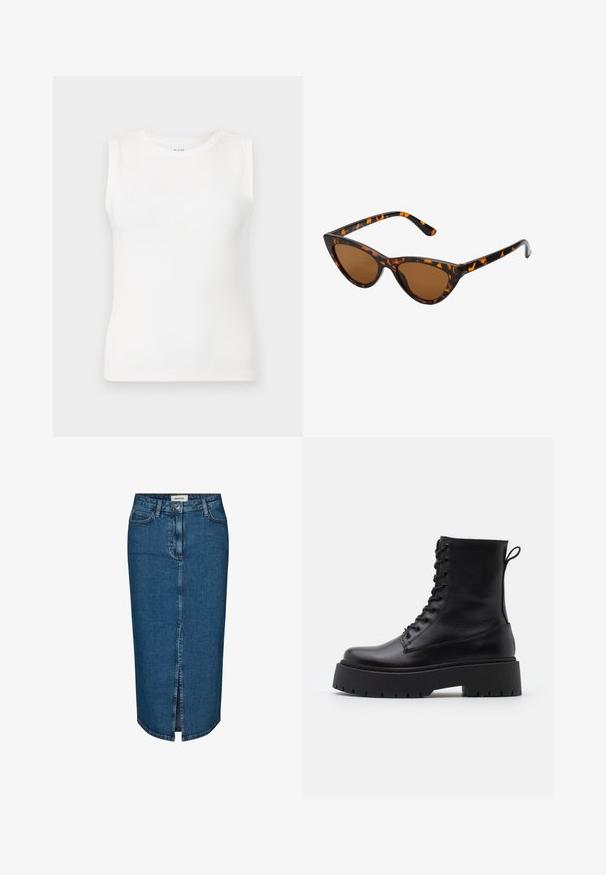 Balta be rankovių palaidinė, pagaminta iš griovelio audinio, užapvalintu iškirpimu ir prigludusia siluetu, be papildomų raštų ar puošmenų.; Tamsiai mėlyna džinsinė pieštuko sijonas, turintis priekį įpjovą, penkis kišenes ir kontrastingą siuvimą. Vidutinio aukščio liemuo su klasikiniu dizainu.; Juodos odinės aulinukės su apvalia nosimi, raišteliais priekyje ir storesniu guminio pado apačioje su tekstūruotu raštu. Priekyje yra kilputė.; Katės akies saulės akiniai su juodu ir oranžiniu šarvuotu rėmeliu, ruda objektyvu ir elegantiškais, smailiais galiukais. Rėmelyje yra minimalus logotipas ant šventės.