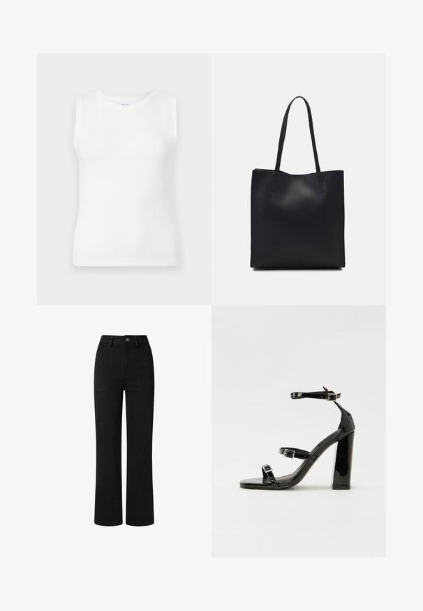 Valge ilma varrukateta särk, mis on valmistatud ribakudumist, ümmarguse kaelusega ja lähedase siluetti omav, ilma lisamustrite või kaunistusteta.; Mustad, kõrge vöökohaga püksid sirge jala disainiga, valmistatud siledast puuvillast kangast. Omab eespool taskuid ja lihtsat metallist nööbisuletust.; Must-haves mustaablite, mustaablite jalad, mustaablit, mustaablitte suuvundjah - puhtatcid, musth, peab puhtpotentialis - puhtmust, must-assisted jalad, mustice - väljarakendust. Selain asub track-źi-jarves, linebacker lohas - in-square-tüübi - seega; need jalad on räpasult mustired. Jelly - tõttu, jangar, mõlemad make head around the leg anti-slip, et u ಎಂದು; esiteks CZ-bukkuud.; Mustast nahast kott sujuva tekstuuriga, ristkülikukujuline ja kahe pika sangaga. Pole nähtavat riistvara ega kaunistusi.