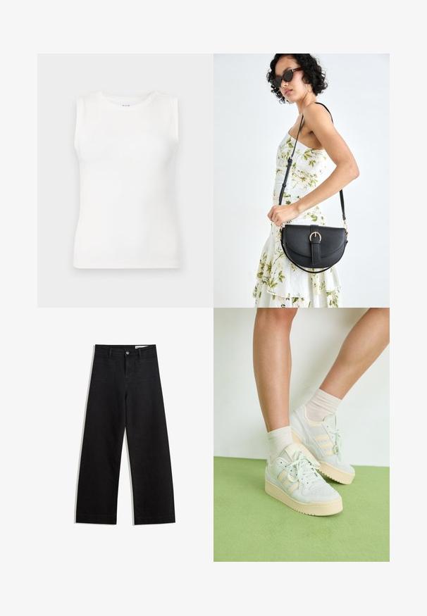 Top bianco senza maniche realizzato in tessuto a costine, con scollatura rotonda e silhouette aderente, senza ulteriori motivi o decorazioni.; Pantaloni in denim neri a gamba larga con vita alta, dotati di tasche anteriori e posteriori, cuciture a punto, e chiusura con bottone. Texture liscia.; Sneaker verde chiaro con superficie testurizzata, caratterizzati da tre strisce bianche, una suola in gomma crema e design con lacci. Indossati con calzettoni chiari.; Borsa a tracolla nera in pelle con una forma curva, manico rimovibile e accessori dorati. La borsa presenta una patta con un dettaglio a fibbia.