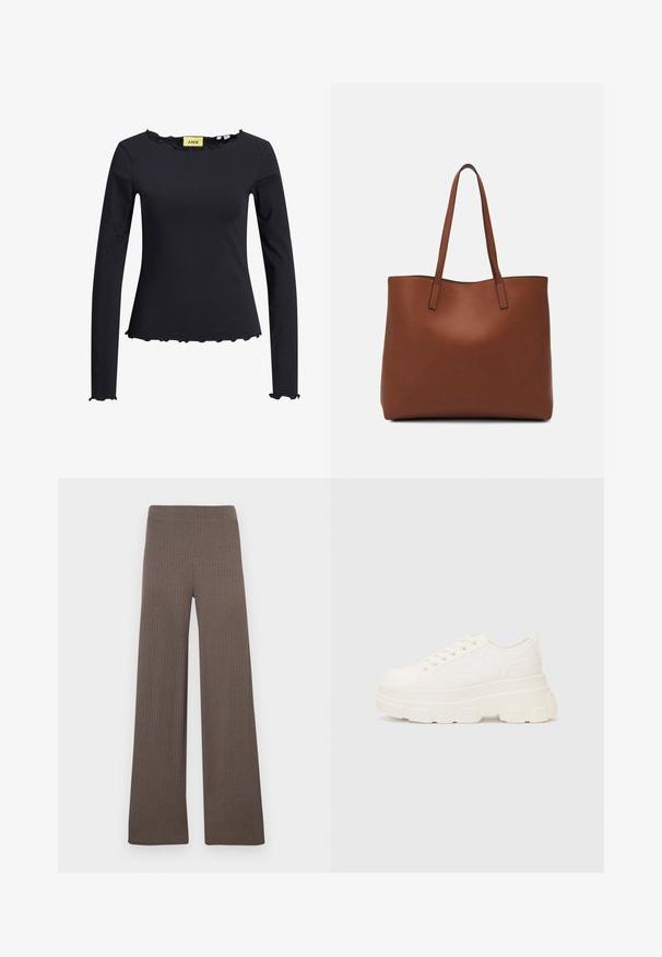 Juodas ilgomis rankovėmis viršus su raukšlėtu kaklu ir apatine dalimi. Pagamintas iš minkštos medžiagos, turi prigludusią formą ir minimalų prekės ženklo ženklinimą viduje.; Tamsiai rudos spalvos plačios kelnes su briaunotu audiniu, elastinga liemene ir minkštu, tekstūruotu audiniu.; Balti drobės sportbačiai su storu padu, apvalia nosimi ir penkiomis akytėmis raištams. Gale yra kilputė, kad būtų lengva užsidėti. Sklandus paviršius, minimalistinis dizainas.; Ruda odinė priekabų krepšys su glotnia tekstūra, atviru viršumi ir dviem petnešomis. Su minimalia siuvimo detalėmis ir nematoma aparatūra.