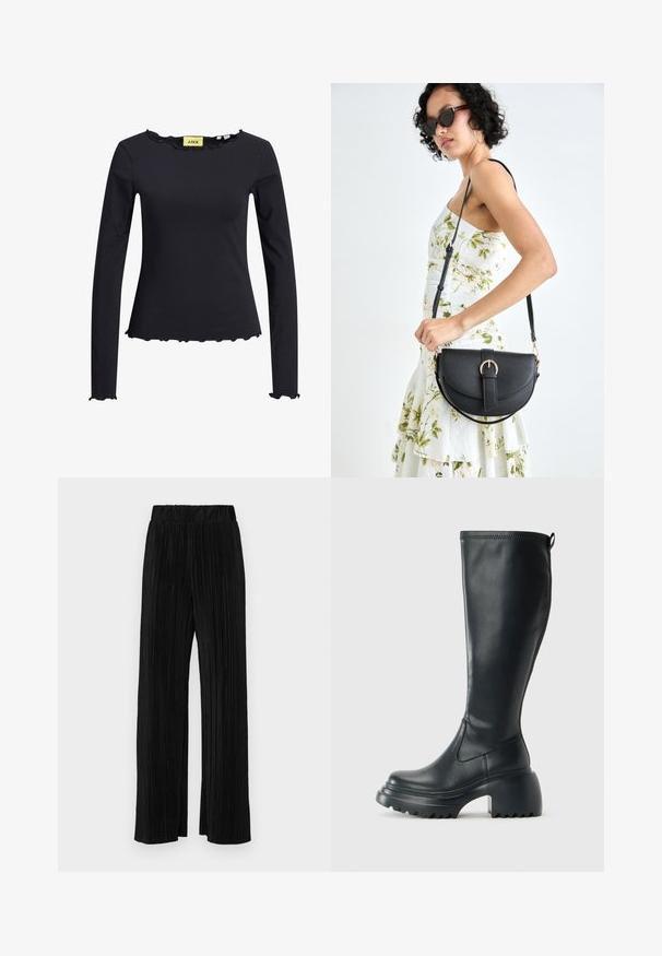 Langermet svart topp med volangkant i halsen og på kanten. Laget av myk tekstil, har en figursydd design og minimal merkebranding inni.; Sorte plisserte bukser med elastisk midje. Har vide ben og et glatt, strukturert stoff med vertikale striper.; Høy svart lærstøvel med chunky plattformsåle og blokkhelt, med trekkstang og teksturert mønster på yttersålen.; Svart lærveske med en buet form, avtagbar stropp og gullbeslag. Vesken har et klaff med spenne-detall.