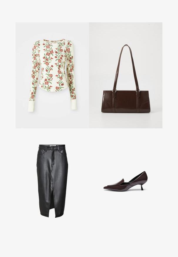 Long-sleeve shirt made of textured fabric, featuring a white base with red floral patterns and green leaves; includes white cuffs.; Black leather skirt with a mid-length design, featuring a front slit, classic belt loops, and stitched detailing along the seams.; Pointed-toe pumps in dark brown patent leather with a low stiletto heel and sleek silhouette, featuring a slightly raised vamp.; Brown patent leather handbag with a rectangular shape, two long handles, and subtle curved accents on the front.; Gold hoop earrings with a wavy, textured design. Features a thin wire closure and a polished, reflective surface.