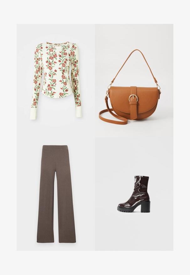 Ilgomis rankovėmis marškiniai, pagaminti iš tekstūruoto audinio, balto pagrindo su raudonais gėlių raštais ir žalios lapijos; apima baltus rankogalius.; Tamsiai rudos spalvos plačios kelnes su briaunotu audiniu, elastinga liemene ir minkštu, tekstūruotu audiniu.; Blizgus burgundių spalvos kulknapis su tankiu juodu kulnu, pasižymintis lygiu paviršiumi ir paprastu dizainu. Nėra matomų užsegimų ar raštų.; Ruda odinė kryžminė rankinė, turinti kreivą formą, auksinius metalinius elementus ir sagtį. Yra nuimama petneša.