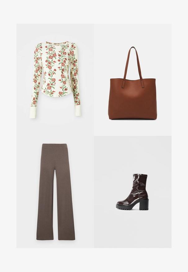 Long-sleeve shirt made of textured fabric, featuring a white base with red floral patterns and green leaves; includes white cuffs.; Ribbed wide-leg pants in a dark brown color, featuring a stretchy waistband and a soft, textured fabric.; Glossy burgundy ankle boot with a chunky black heel, featuring a smooth texture and simple design. No visible fastenings or patterns.; Brown leather tote bag with a smooth texture, open top design, and two shoulder straps. Features minimal stitching and no visible hardware.
