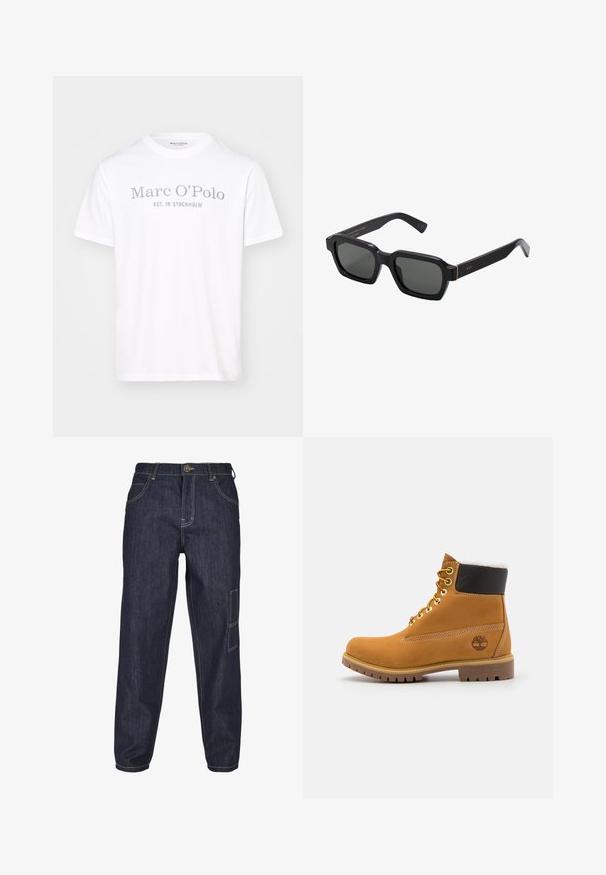 Fehér pamut póló kerek nyakkal és rövid ujjakkal, szürke nyomtatott felirattal: "Marc O'Polo EST. IN STOCKHOLM."; Sötétkék farmernadrág laza fitszel. Jellemzői közé tartozik az elülső és hátsó zseb, kontrasztos varrás, valamint egy oldalsó foltzseb.; Barna bőrből készült bokacsizma fém fűzőlyukakkal, fehér szőr béléssel, fekete párnázott gallérral, strapabíró talppal és dombornyomott logóval az oldalán.; Fekete, négyzet alakú napszemüveg szürke lencsékkel. Vastag műanyag keretek arany díszítéssel és márkázással a szárán. Sima felület.
