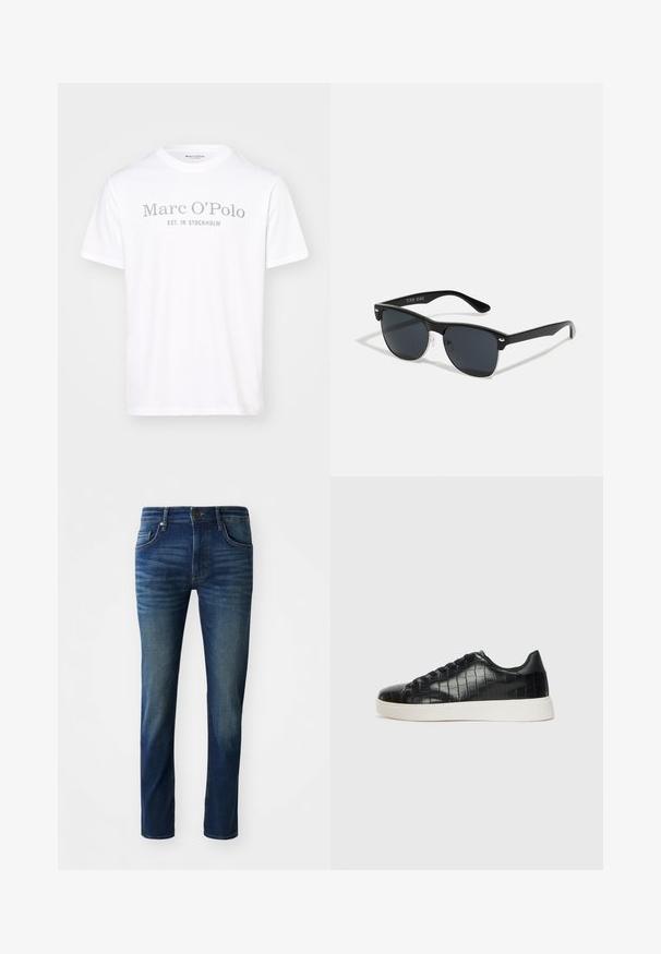 Hvit bomulls t-skjorte med rund hals, korte ermer og grå trykt tekst som leser "Marc O’Polo EST. IN STOCKHOLM."; Mørkeblå denimbukser med slim fit, som har fem lommer, en frontknap-lukning og en subtil falmet tekstur på benene.; Svarte joggesko med en teksturert krokodille-embossed læroverdel, rund tå og en kontrasterende hvit gummisåle med en glatt overflate.; Sorte solbriller med rektangulær form, mørke linser, sølvfargede detaljer ved templene, og en matt finish på rammen.