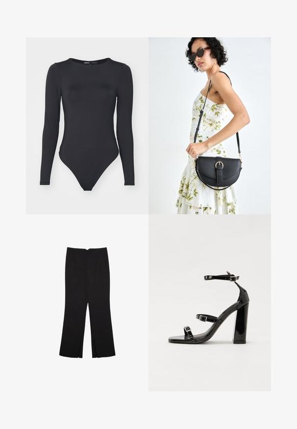 Čierny dlhý rukáv body vyrobený z hladkého materiálu, s okrúhlym výstrihom a vyvýšenými nohavicami s minimálnymi švami.; Čierne nohavice so strihom rovného strihu, s prednými vreckami a bočnými rozparkami na leme. Vyrobené z mäkkej, hladkej tkaniny. Vhodné na rôzne príležitosti.; Čierne lakované sandále na podpätku so štvorcovou špičkou, navlečenými remienkami okolo členku a striebornými prackami. Disponujú masívnym blokovým podpätkom pre stabilitu.; Čierna kožená kabelka s zaobleným tvarom, odnímateľným popruhom a zlatými doplnkami. Kabelka má klopu s detailom s prackou.