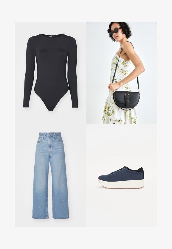 Bodysuit negru cu mânecă lungă, realizat dintr-un material neted, având un decolteu rotund și picioare tăiate înalt, cu cusături minime.; Jeans cu talie înaltă, de culoare albastru deschis, cu croială largă, dotate cu nasture și fermoar la față, buzunare în față și spate, pe un fundal alb.; Sneaker albastru închis, cu un material texturat pe partea superioară, talpă platformă albă, vârf rotunjit și accent de călcâi negru. Dispune de șase găuri pentru șireturi.; Geantă din piele neagră, cu o formă curbată, curea detașabilă și accesorii aurii. Geanta are un capac cu un detaliu tip cataramă.