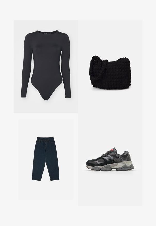 Svart langermet bodysuit laget av glatt stoff, med rund halslinning og høyutsnittede ben med minimale sømmer.; Mørkeblå høytlivs jeans med avslappet passform, med fem lommer og knappelukking. Laget av denim med en glatt tekstur.; Svarte og grå joggesko med en blanding av semsket skinn og mesh-materialer, tykk såle, fremtredende logo, og rød detalj på tungen.; Svarte tekstilveske med en strukturert, quiltet mønster. Rund form, korte, tykke håndtak og en myk, fleksibel struktur.