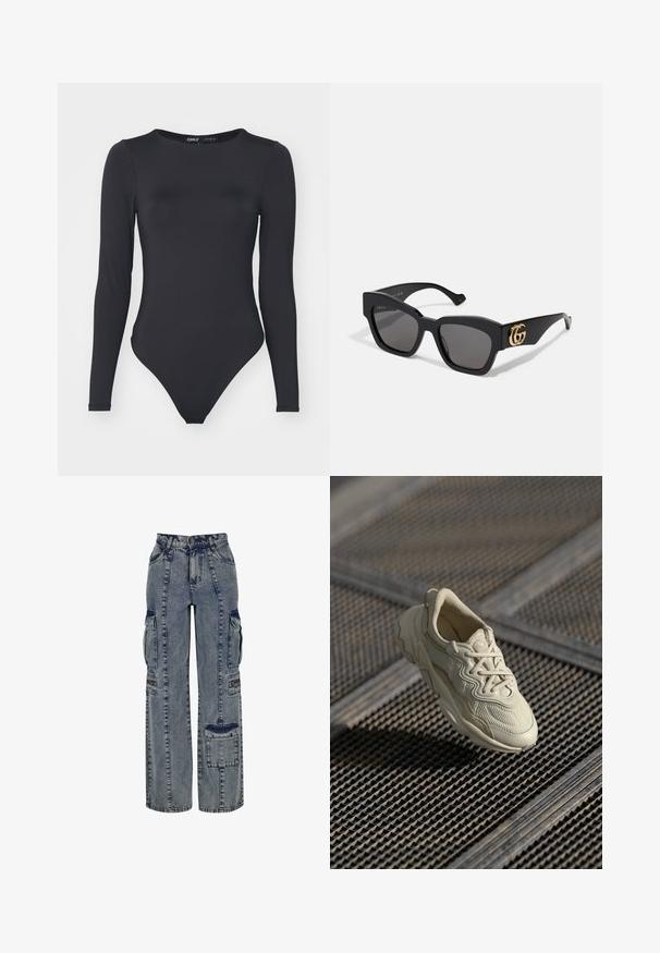 Sort langærmet bodysuit lavet af glat stof, med rund halsudskæring og højt skårne ben med minimale sømme.; Denim cargo bukser i lyseblå. Har vide ben, flere sidelommer og kontrasterende mørke denim detaljer. Struktureret med synlige sømme.; Beige sneakers med tekstureret stof, kontrasterende glatte detaljer, afrundet sål og snørebånd, hængende over en gittermønsteret overflade.; Sorte rektangulære solbriller med mørke linser, udstyret med et guld GG-logo på siden. Fremstillet af blank plastik med lige stelarm.