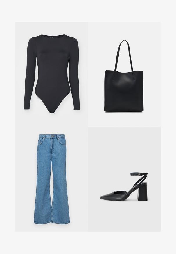 Body nero a maniche lunghe realizzato in tessuto morbido, con scollatura rotonda e gambine alte con cuciture minime.; Jeans svasati di un blu chiaro, realizzati in denim, con vita alta, cinque tasche e chiusura a un bottone. Morbido al tatto con una finitura scolorita.; Pump in pelle nera con punta affusolata, cinturino alla caviglia e tacco spesso. Texture piatta, design elegante ed estetica minimalista.; Borsa tote in pelle nera con texture liscia, forma rettangolare e due manici lunghi. Nessun hardware o decorazione visibile.