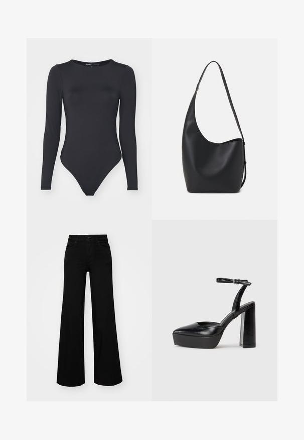 Black long-sleeve bodysuit made of smooth fabric, featuring a round neckline and high-cut legs with minimal seams.; Black wide-leg pants made of denim, featuring a structured waistband, belt loops, and front pockets. Smooth texture with a classic design.; Black platform heels with a pointed toe and adjustable ankle strap. Constructed from smooth leather, featuring a chunky block heel.; Black leather hobo bag with a smooth texture, curved shape, and single adjustable strap; features a wide opening at the top.