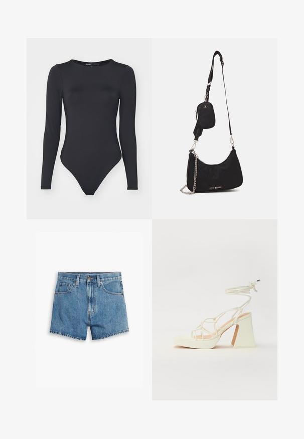 Bodysuit negru cu mânecă lungă, realizat dintr-un material neted, având un decolteu rotund și picioare tăiate înalt, cu cusături minime.; Șorturi din denim de culoare albastră deschisă, cu cinci buzunare, fermoar și închidere cu bătaie. Marginile sunt desfăcute, având un design confortabil.; Sandale albe cu toc înalt și gros, cu un design cu curele și legătură la gleznă. Textură netedă, cu o platformă frontală pentru înălțime suplimentară.; Geantă de umăr din nailon negru, cu o formă curbată, accent din lanț argintiu, pouch mini detașabil și curea reglabilă; prezintă logo-ul "Steve Madden".
