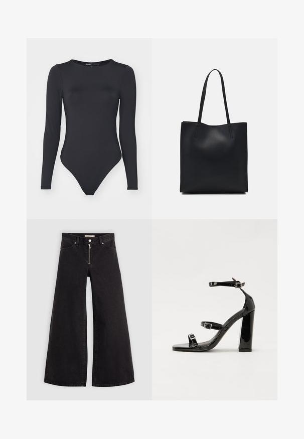 Sort langærmet bodysuit lavet af glat stof, med rund halsudskæring og højt skårne ben med minimale sømme.; Vide ben jeans i sort denim med lynlås foran, fem lomme-design og subtile stikninger. Glat tekstur og afslappet stil.; Sorte patenterede hælsandaler med firkantet tå, ankelremme og sølvspænder. Har en chunky blokHæl for stabilitet.; Sort læder tote taske med glat tekstur, rektangulær form og to lange hanke. Ingen synlig hardware eller udsmykninger.