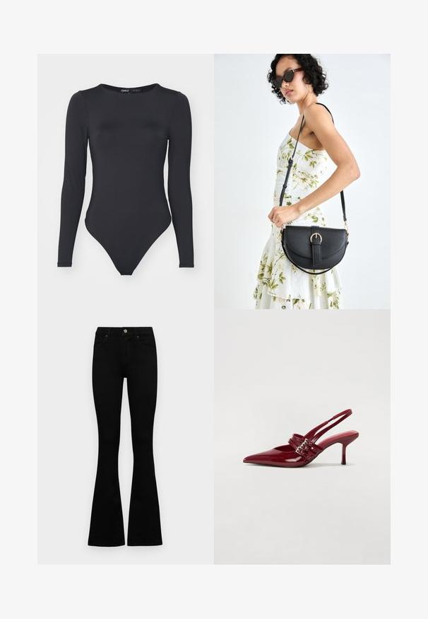 Schwarzer Langarm-Bodysuit aus glattem Stoff, mit runder Halslinie und hochgeschnittenen Beinen sowie minimalen Nähten.; Schwarze hochtaillierte Jeans mit einem Knopf- und Reißverschluss, Fronttaschen und ausgestellten Beinen, flach auf einem weißen Hintergrund ausgelegt.; Rote Lackleder Slingback-Absätze mit spitzem Zeh, zwei Schnallenriemen und einem schlanken, mittelhohen Stiletto-Absatz. Glatte Textur.; Schwarze Lederhandtasche mit geschwungener Form, abnehmbarem Tragegurt und goldenen Beschlägen. Die Tasche verfügt über einen Deckel mit einer Schnallen-Details.