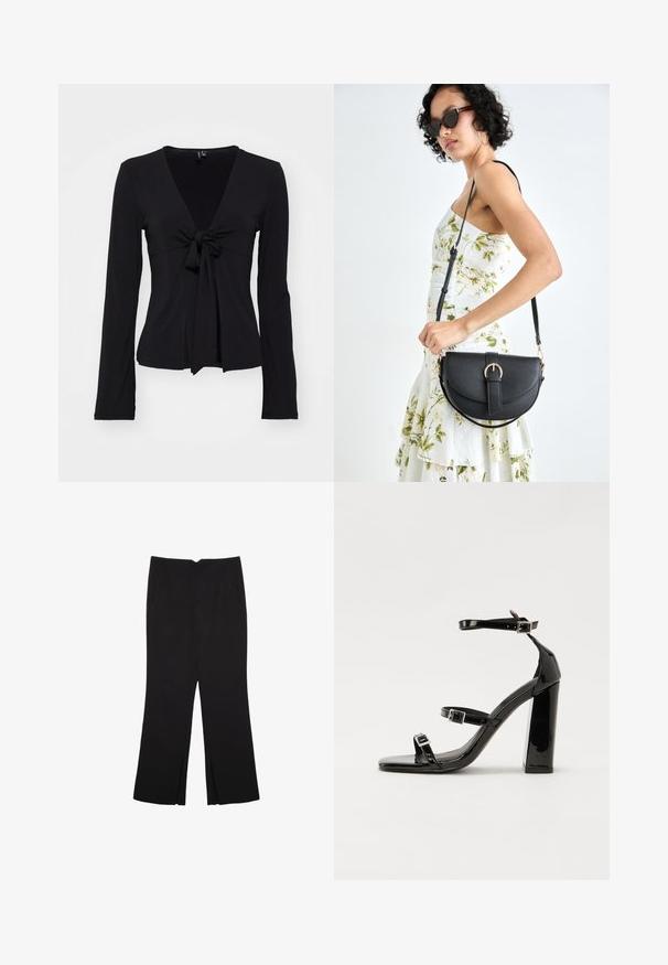 Crna majica dugih rukava s dubokim V-izrezom i detaljem čvora sprijeda, izrađena od glatkog, rastezljivog materijala. Prilagođeni kroj s jednostavnim dizajnom.; Crne hlače ravnog kroja, s prednjim džepovima i bočnim prorezima na rubu. Izrađene od mekog i glatkog materijala. Pogodne za razne prigode.; Crne lakirane sandale na visoku petu s dva remena s kopčama, kvadratnim vrhom i masivnom blok petom, s glatkom, sjajnom teksturom.; Crna kožna torba s lukovitim oblikom, odvojivim remenom i zlatnim detaljima. Torba ima preklop s kopčom.