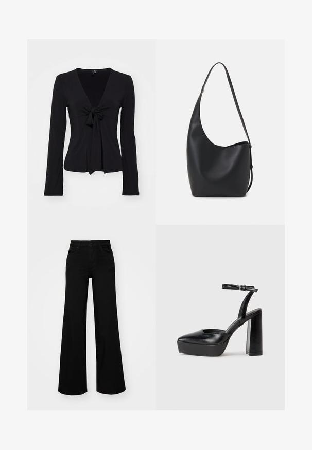 Long-sleeve black top with a deep V-neck and front knot detail, made from a smooth, stretchy fabric. Tailored fit with a simple design.; Black wide-leg pants made of denim, featuring a structured waistband, belt loops, and front pockets. Smooth texture with a classic design.; Black platform heels with a pointed toe and adjustable ankle strap. Constructed from smooth leather, featuring a chunky block heel.; Black leather hobo bag with a smooth texture, curved shape, and single adjustable strap; features a wide opening at the top.