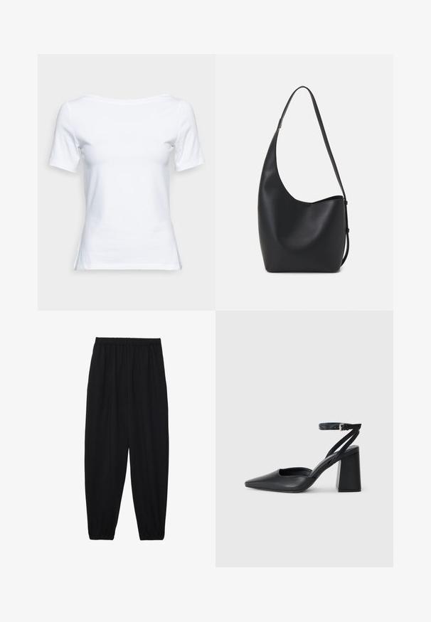 Vero Moda Petite VMPANDA  - T-paita - bright white; Mustat, kevyet housut, joissa on joustava vyötärö ja kerätyt nilkat. Kangas on sileä ja siinä on rento, kapeneva muotoilu.; Mustat nahkakengät, joissa on kapea kärki, nilkkaremmi ja paksu korko. Tasainen pinta, tyylikäs muotoilu ja minimalistinen estetiikka.; Musta nahkainen hobo-laukku, jossa on sileä pinta, kaareva muoto ja yksi säädettävä olkahihna; sisäänkäynti on leveä ylhäältä.