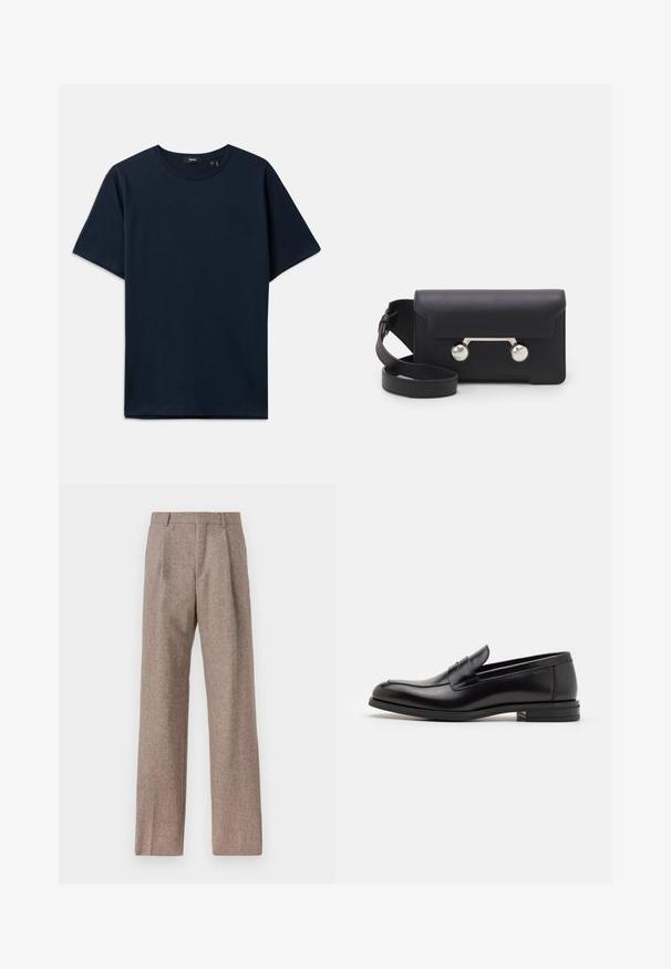 Tumedate sinise puuvillane T-särk lühikeste varrukatega, ümmargune kaelus ja mugav lõige. Minimalistlik disain, ilma nähtavate mustrite või aktsentideta.; Prunnid, kõrge vöökohaga püksid, mis on valmistatud tekstureeritud kangast. Omavad laiu jalgu ja kahte eesmist voldikut struktuuri jaoks. Korralik viimistlus, ilma nähtava riistvarata.; Mustad mustad nahast loafers sileda tekstuuriga, ümarat ninaosa ja dekoratiivne riba vampi üle. Madal kihiline konts, minimalistlik disain.; Must со хsaid crossover kottiga black nahka, mis on varustatud klapiga sulgemisega, hõbedased detailid ja kaks ümmargust aksessuaar. Omab eemaldatavat rihma. Sile tekstuur.