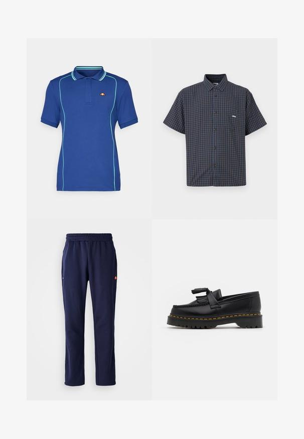 Tumši zila polo krekls ar kontrastējošu gaiši zilu apdari, īsām piedurknēm un ribota apkakle; uz krūtīm ir neliels zīmola logo.; Tumšā brūnā un zilā auduma īsajās piedurknēs ar pogām, ar apkakli, priekšējo kabatu un mazu logotipu uz krūšu daļas.; Jūras spēku sporta bikses ar elastīgu jostu, sānu kabatām un mazu logo detaļu kreisajā kabatā. Izgatavotas no mīksta, gluda auduma.; Melnas ādas mokasīni ar pērlītēm uzsvaru, ar masīvu melnu zoli un dzeltenu šuvumu gar malu. Ar teksturētu apdari.