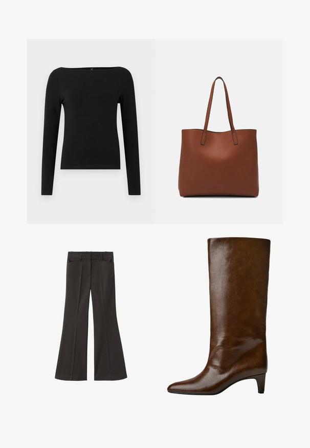 Crni dugoruki top s brodskim izrezom, izrađen od glatke tkanine. Jednostavan dizajn bez uzoraka ili akcenta.; Crne široke hlače s visokim strukom; sadrže dva prednja džepa i glatku teksturu materijala. Pogodne za razne prigode.; Smeđe kožne čizme do koljena s oštrim vrhom i suženim potpeticom, s glatkom teksturom i jednostavnim dizajnom.; Smeđa kožna torba preko ramena s glatkom teksturom, otvorenim vrhom i dvjema naramenicama. Ima minimalne šavove i nema vidljivog hardvera.